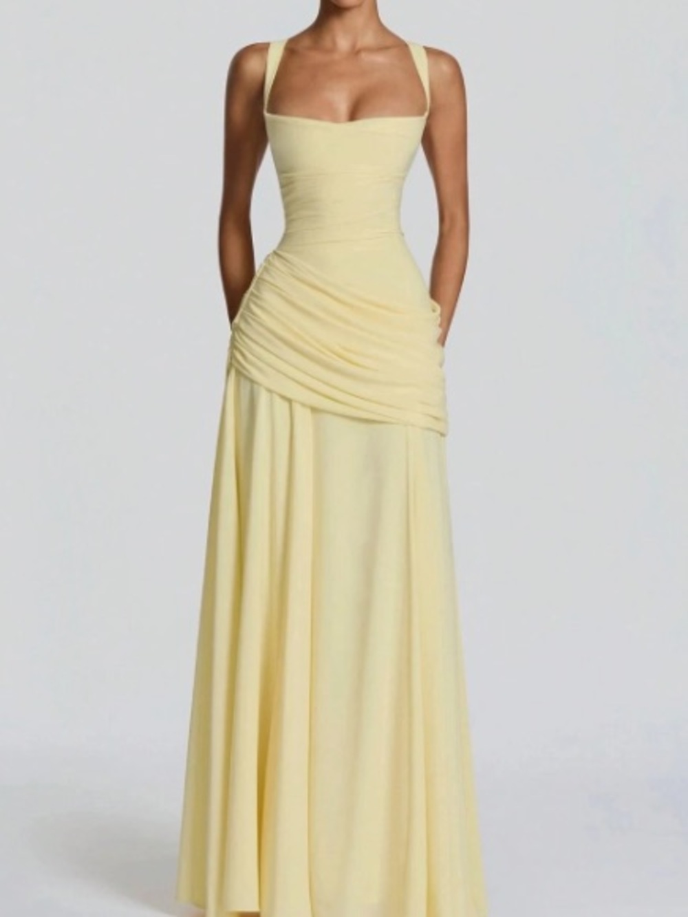Yellow ruched mermaid drop waist maxi dress gown